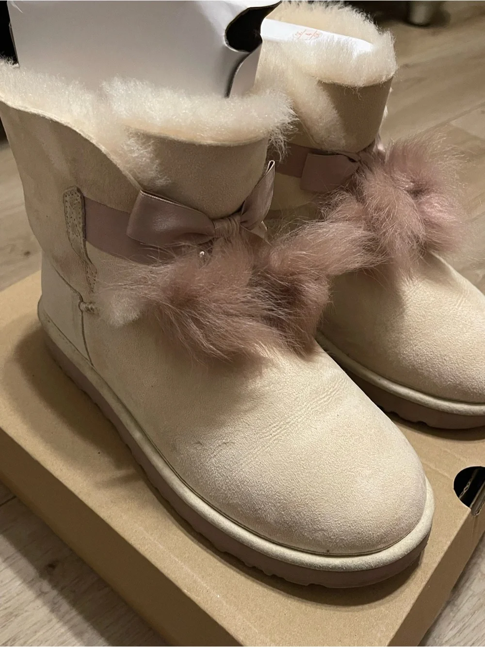 UGG Women's Cream Shearling Ankle Boots with Dusty Pink Pom